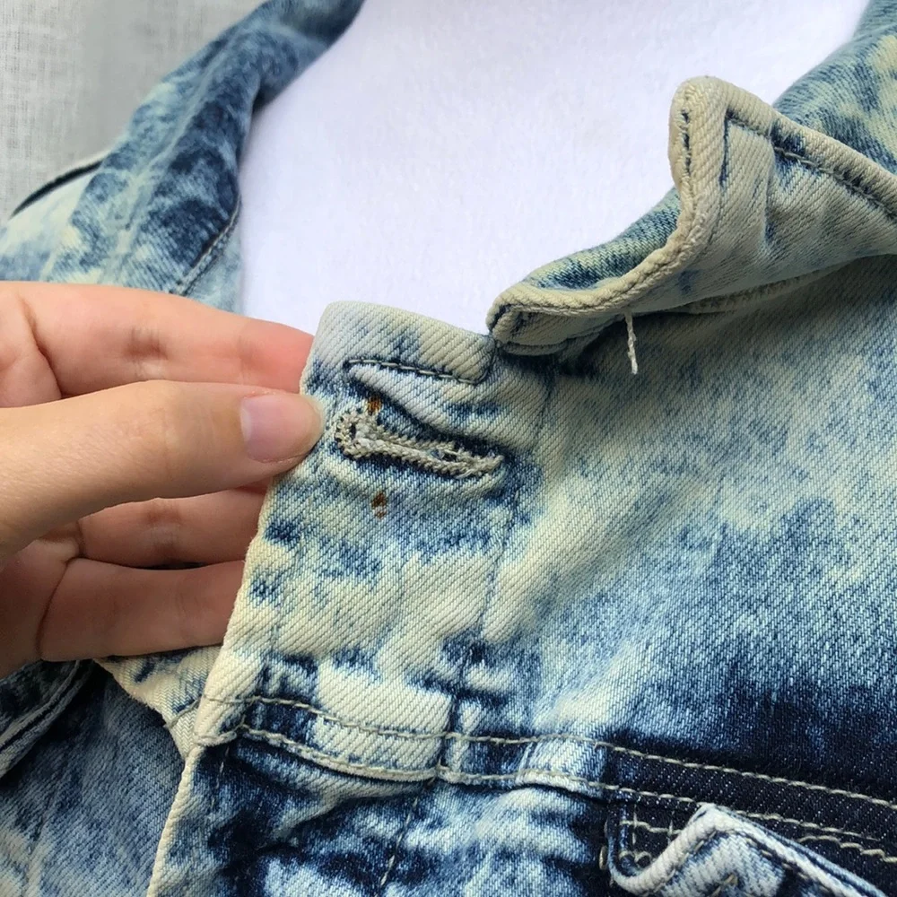 Encrypted comic book pop art  appliqué back distressed acid wash denim jacket